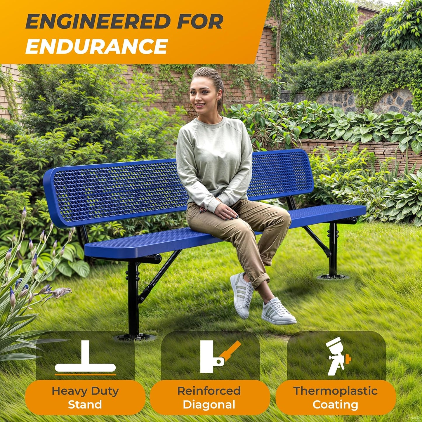 Heavy-Duty Outdoor Metal Bench, Thermoplastic-Coated, Surface, Weatherproof, Commercial-Grade for Parks, Gardens, Patios, Stores & More (8 Ft - Surface with Back, Blue)
