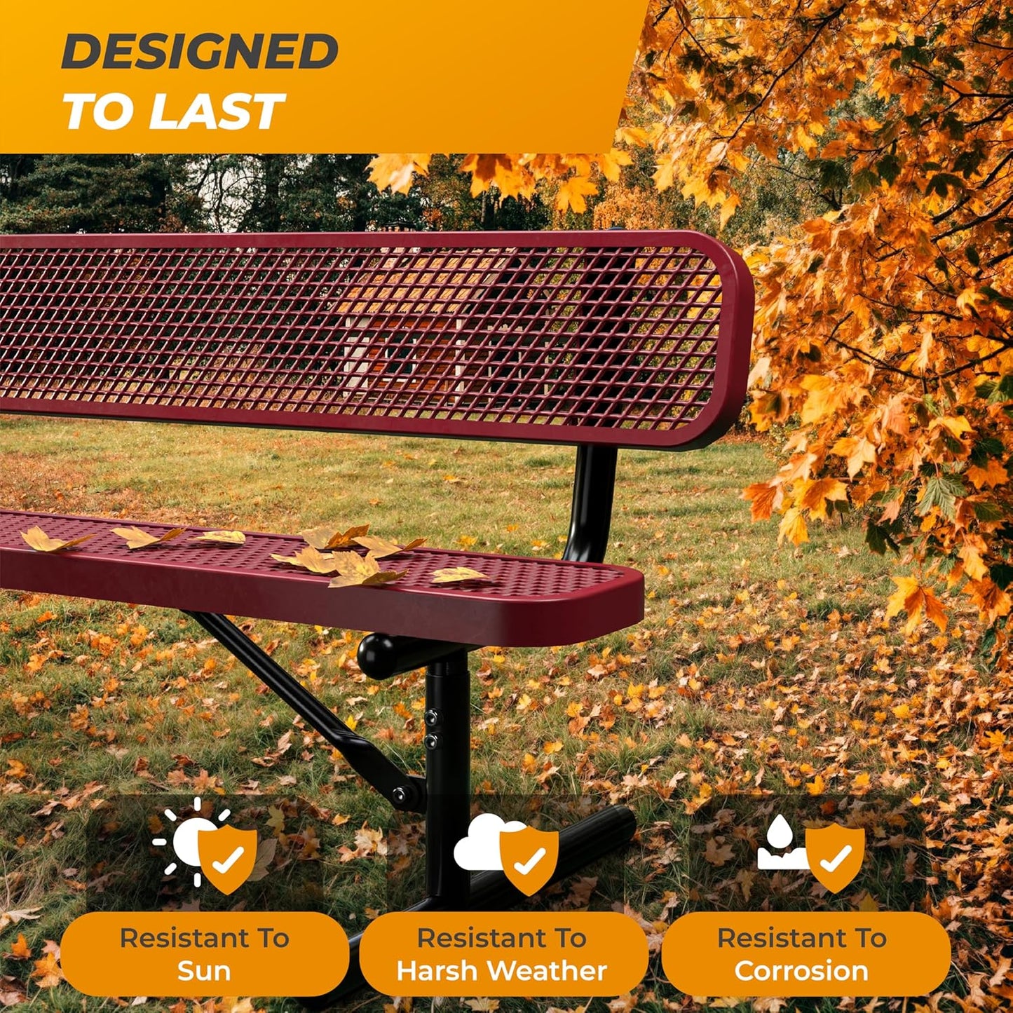 Heavy-Duty Outdoor Metal Bench, Thermoplastic-Coated, Portable, Weatherproof, Commercial-Grade for Parks, Gardens, Patios, Stores & More (6 Ft - Portable with Back, Red)