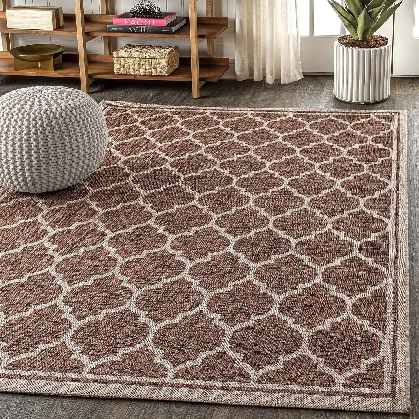 Eyely BMS109B-4 Santa Monica Trebol Moroccan Trellis Textured Weave Indoor/Outdoor Area Rug Coastal;Bohemian, Bedroom, Backyard, Patio, Easy-Cleaning, Non-Shedding, 4 X 6, Espresso/Taupe