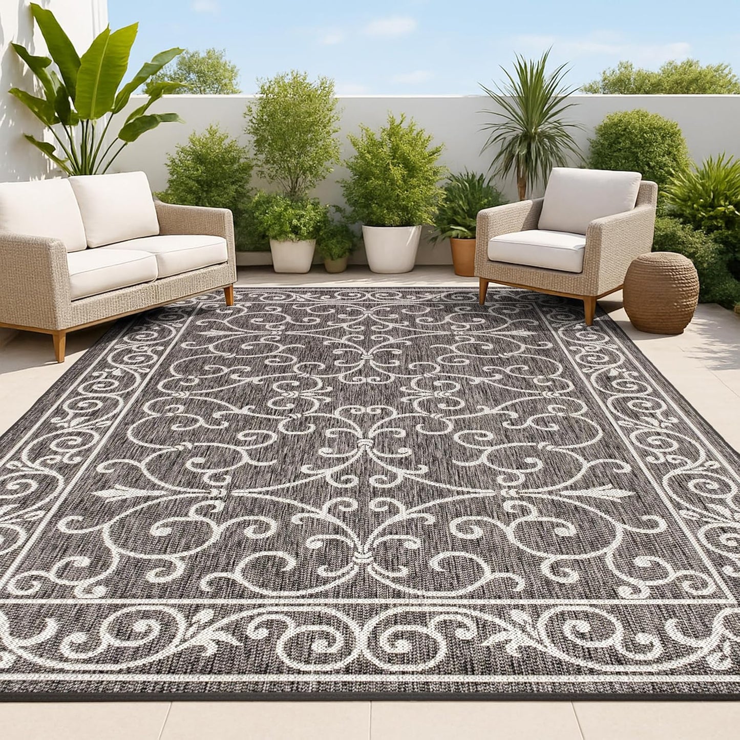 JONATHAN Y SMB106G-5 Charleston Vintage Filigree Textured Weave Indoor Outdoor Rug LivingRoom Backyard,5 X 8,Black/Gray
