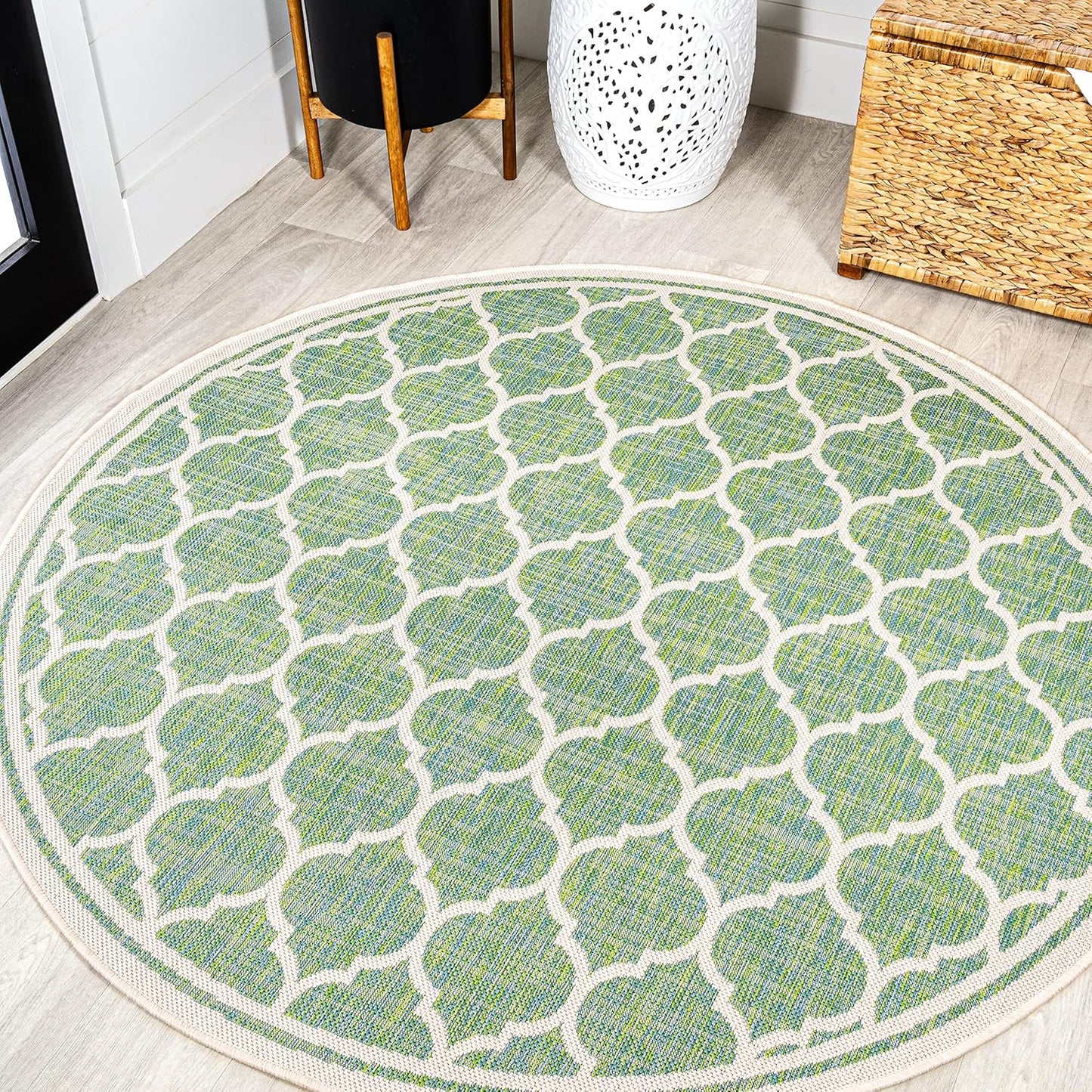 Eyely BMS109I-5R Santa Monica Trebol Moroccan Trellis Textured Weave Indoor/Outdoor Area Rug Coastal;Bohemian, Bedroom, Backyard, Patio, Easy-Cleaning, Non-Shedding, 5' Round, Cream/Green