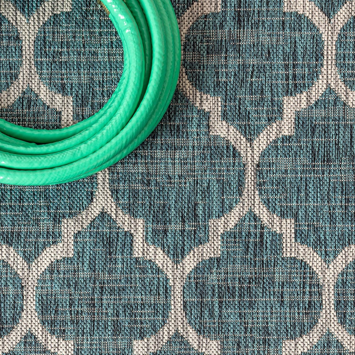 Eyely BMS109E-6SQ Santa Monica Trebol Moroccan Trellis Textured Weave, Pet Friendly, Non-Shedding, Stain Resistant, Easy-Cleaning, Teal/Gray, 6' Square, Indoor/Outdoor, Area Rug