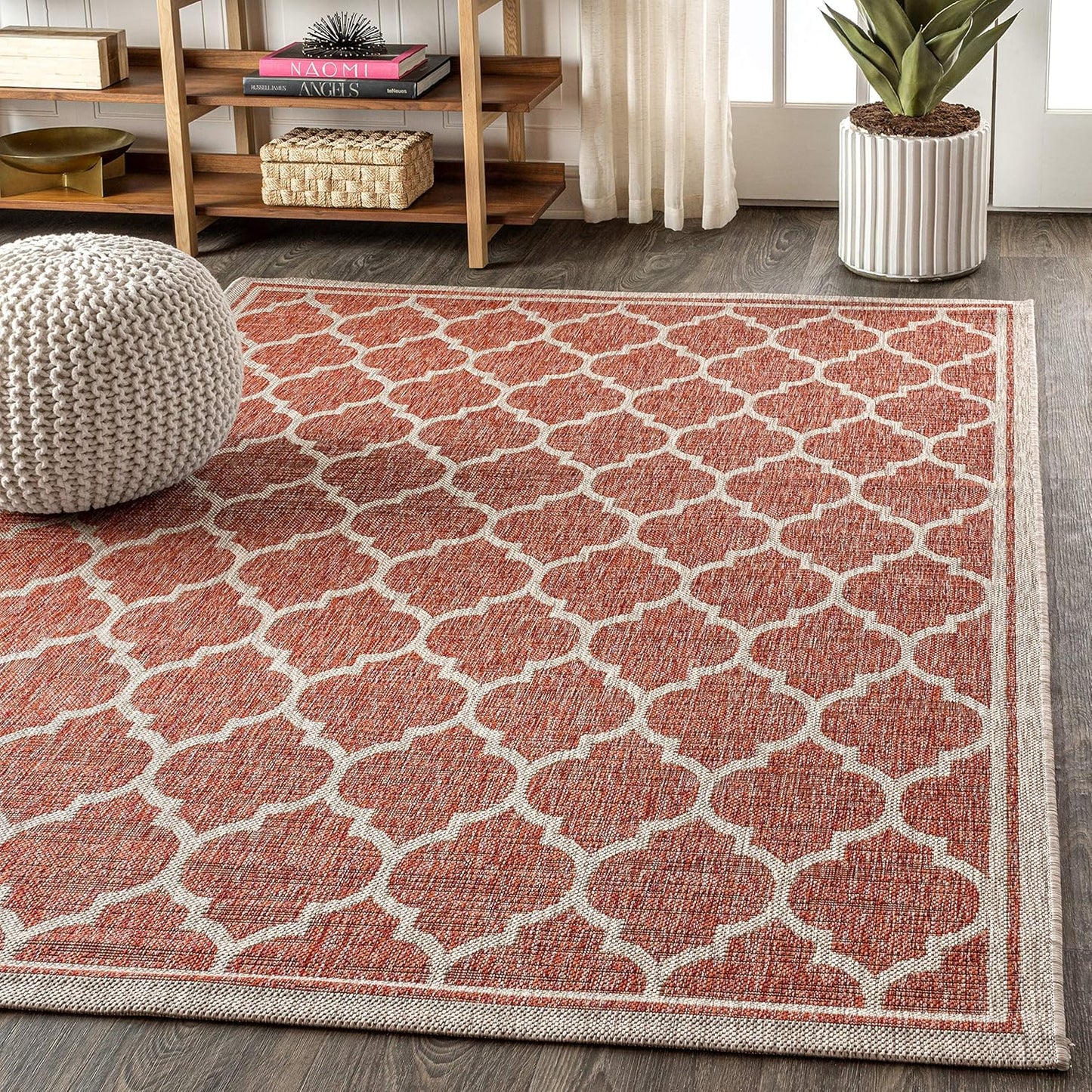 Eyely BMS109C-9 Santa Monica Trebol Moroccan Trellis Textured Weave Indoor/Outdoor Area Rug Coastal;Bohemian, Bedroom, Backyard, Patio, Easy-Cleaning, Non-Shedding, 9 X 12, Red/Beige