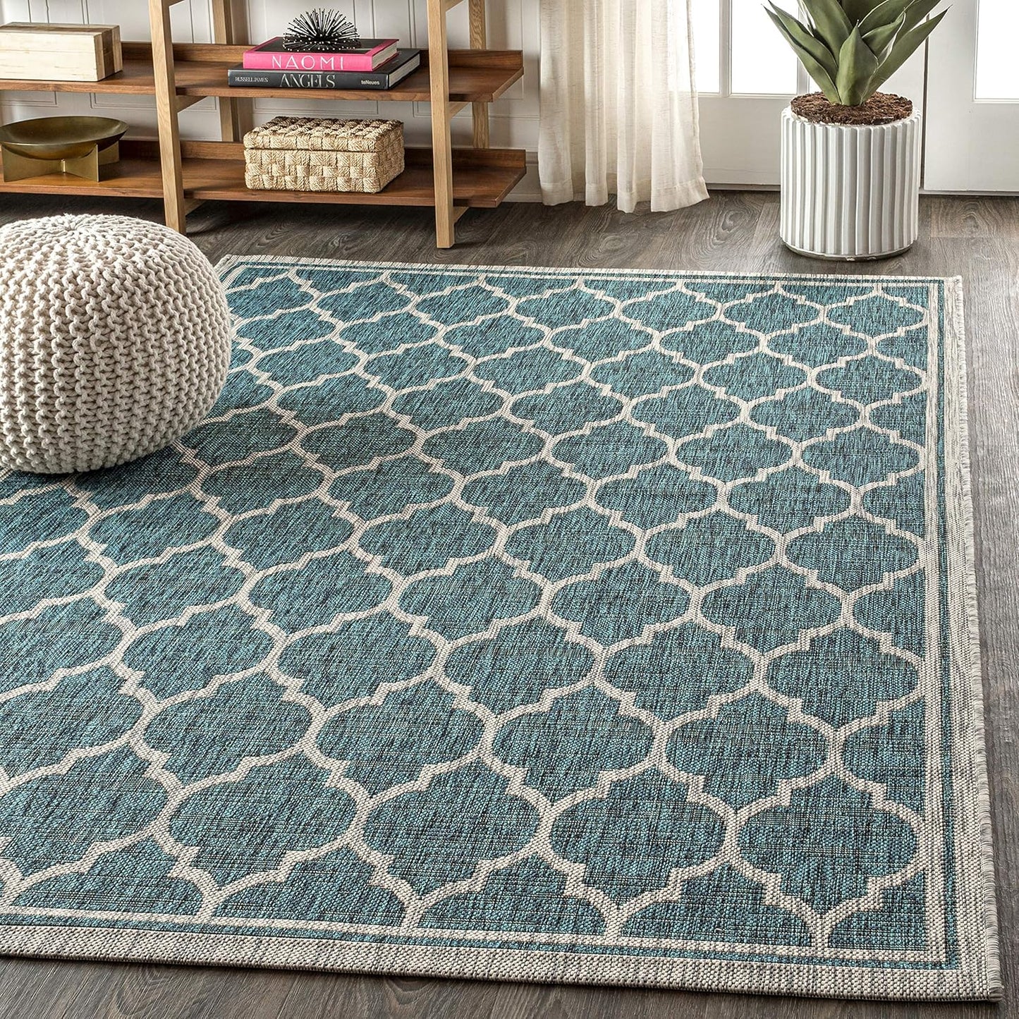 Eyely BMS109E-3 Santa Monica Trebol Moroccan Trellis Textured Weave Indoor/Outdoor Area Rug Coastal;Bohemian, Bedroom, Backyard, Patio, Easy-Cleaning, Non-Shedding, 3 X 5, Teal/Gray